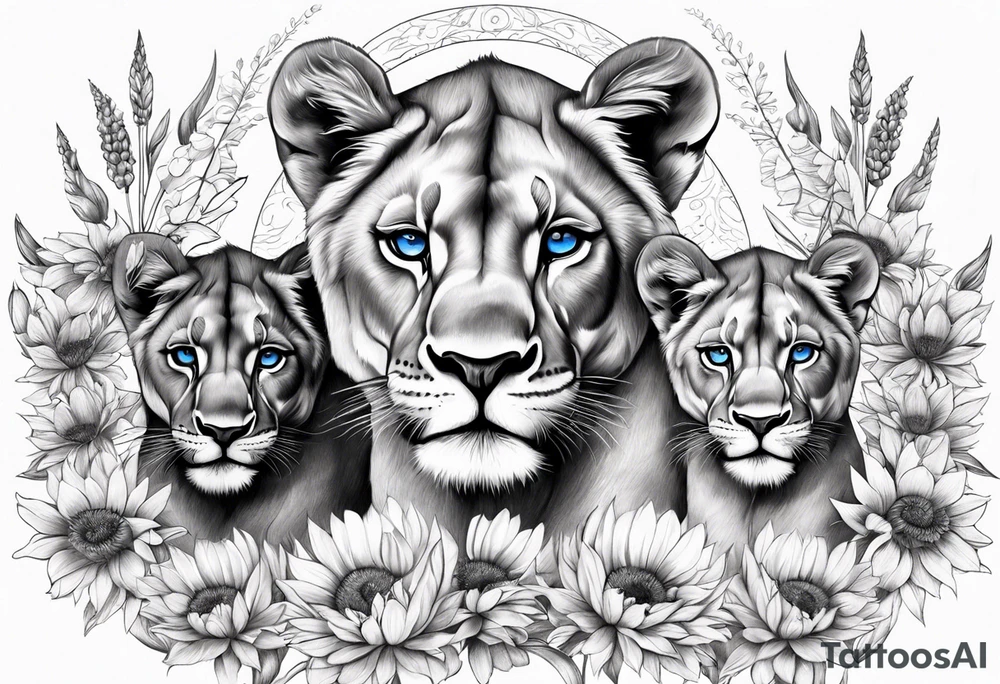 Lioness. 3 cubs. Blue eyes. Surrounded with cornflowers. tattoo idea