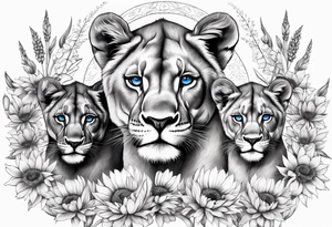 Lioness. 3 cubs. Blue eyes. Surrounded with cornflowers. tattoo idea