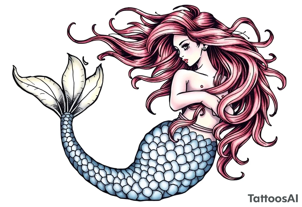 mermaid with flowing hair tattoo idea