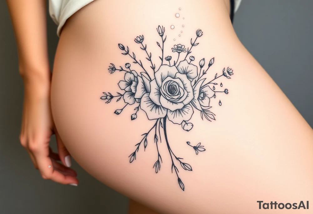 vintage bouquet of wild roses and meadow flowers with morning dew tattoo idea