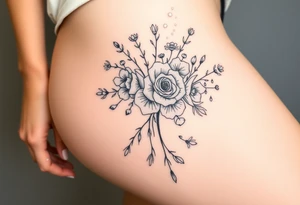 vintage bouquet of wild roses and meadow flowers with morning dew tattoo idea