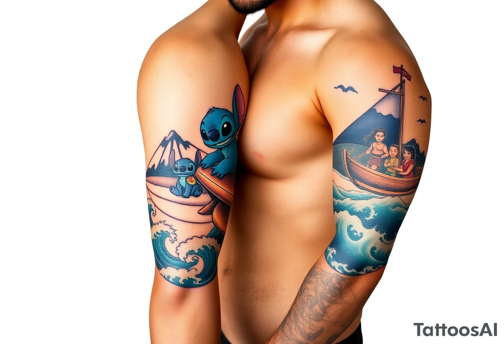 half sleeve, lilo and stitch riding on a turtle, waves, mountains, and then on other side, moana with maui heihei and pua on their boat tattoo idea