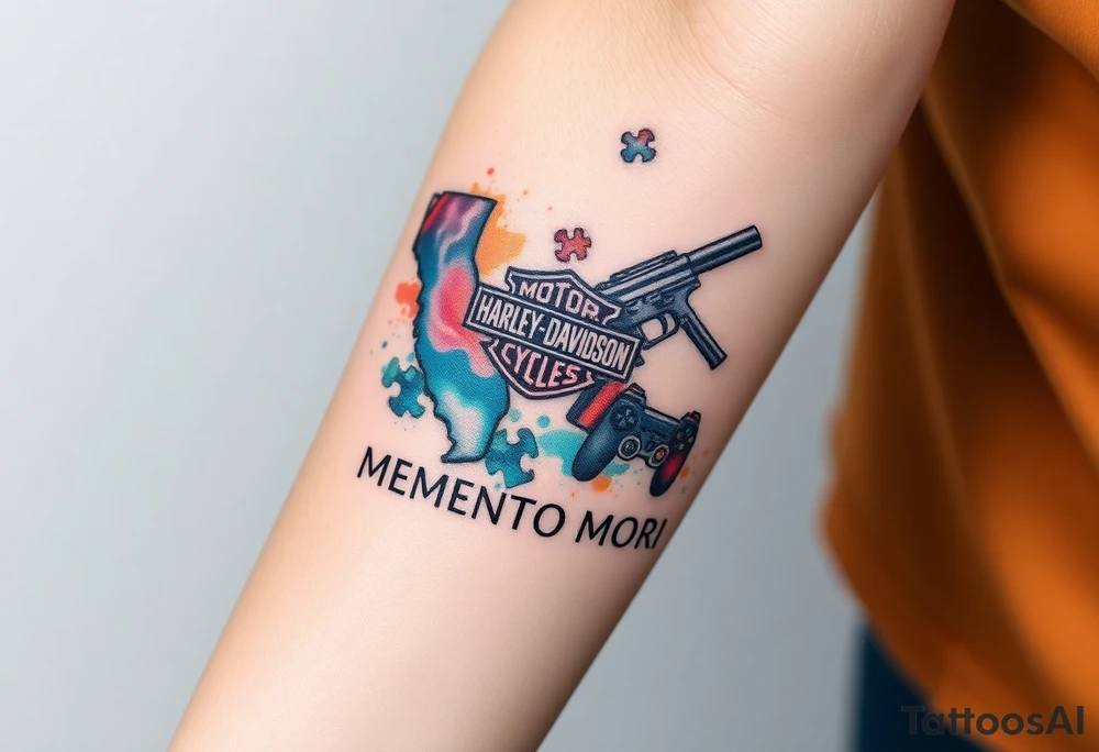 colorful futuristic memory tattoo for passed boyfriend; Florida, gulf coast water, Harley Davidson, skateboarding, puzzle pieces, video games, heaven, god, outdoors, guns, disc golf, words "MEMENTO MORI" tattoo idea