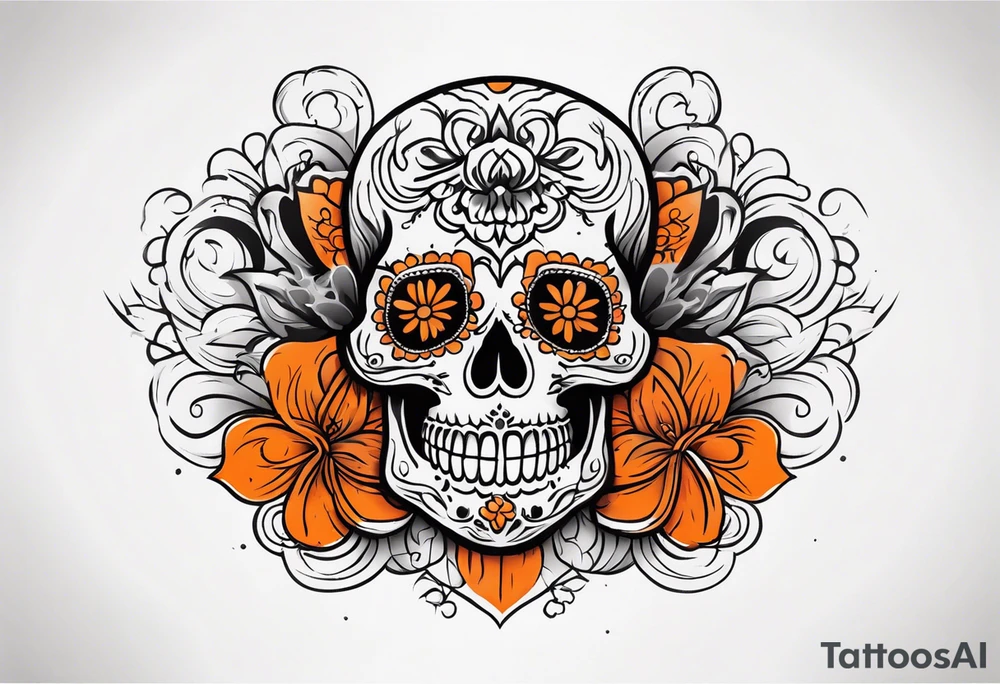 Mexican skull with smoke coming out of the bottom orange and black tattoo idea