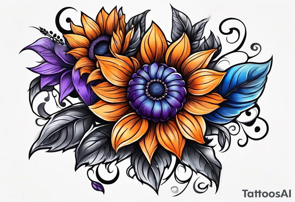 Full leg sleeve with purple, orange and blue sunflowers tattoo idea