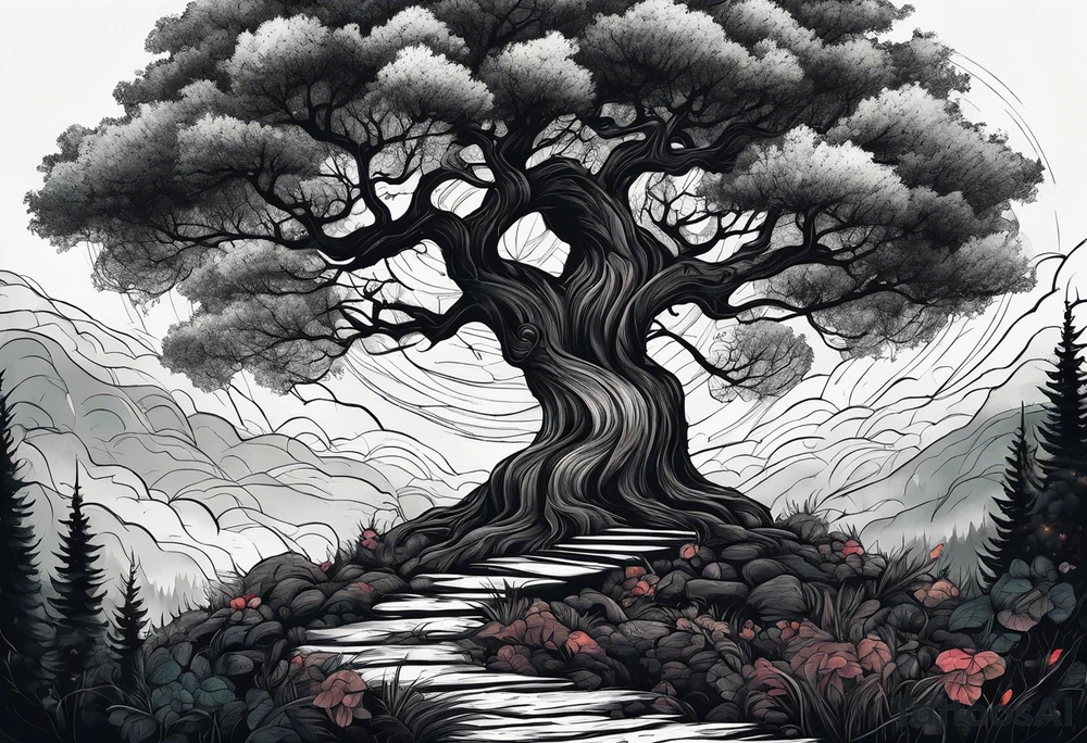 Tree in dark forest in bad weather tattoo idea