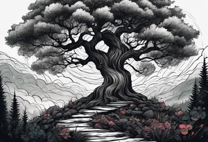 Tree in dark forest in bad weather tattoo idea