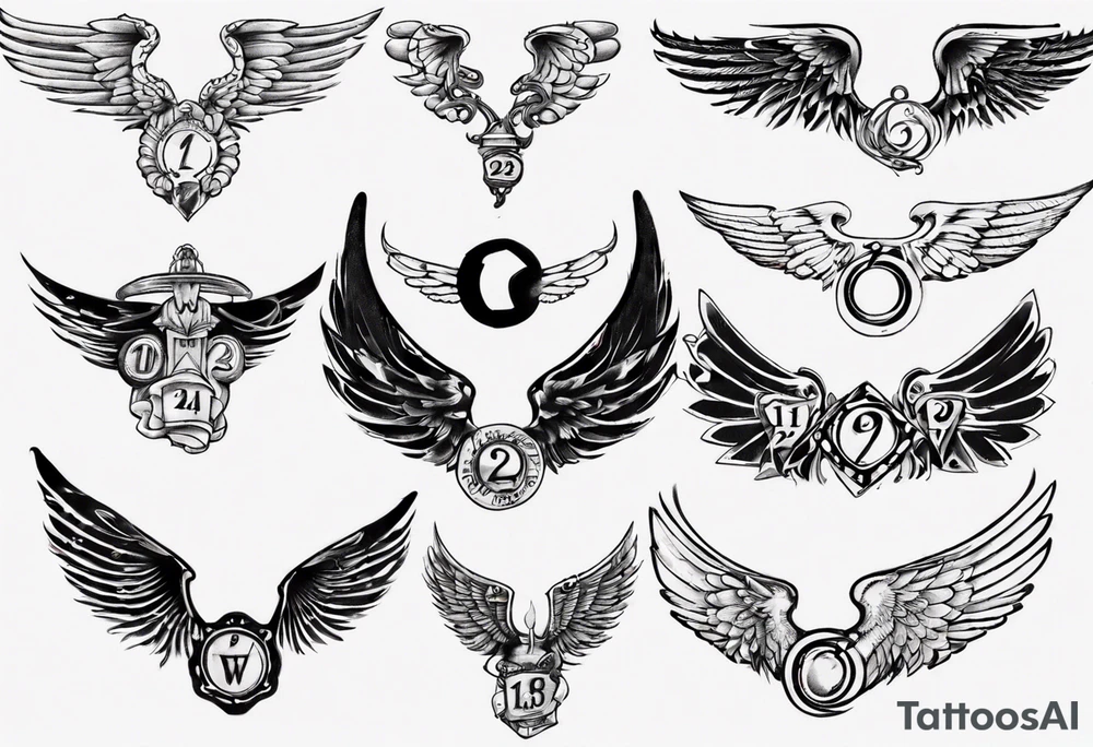 Wings with the dates 09/12/2012 and 24/10/2023 in between the wings tattoo idea