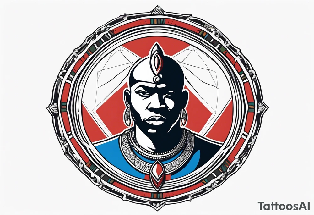 Black-skinned bald african warrior. He wears a simple and small silver crown. He uses two simple necklaces: one blue, other red. He has cowry shells in his crown tattoo idea