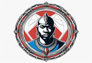 Black-skinned bald african warrior. He wears a simple and small silver crown. He uses two simple necklaces: one blue, other red. He has cowry shells in his crown tattoo idea