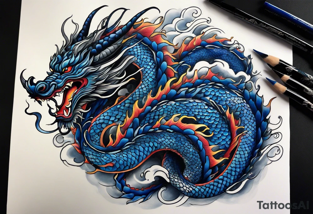 An epic floating asian dragon. Its long body coiling dynamically, with scales and horns detailed to create a sense of movement and strength. The dragon's main color is midnight blue, giving a vibrant depth and a mystical aura. This tattoo highlights the dragon’s fierce expression and sharp claws. tattoo idea