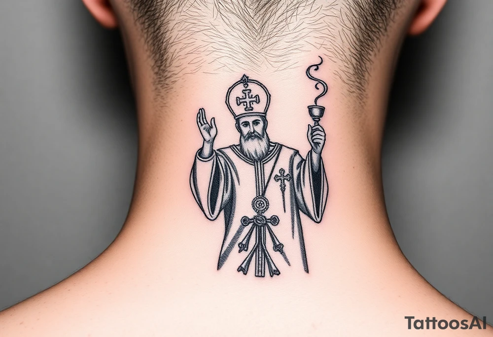 Russian Orthodox Priest in a fully detailed gold vestment swinging a censer with smoke curling upward tattoo idea
