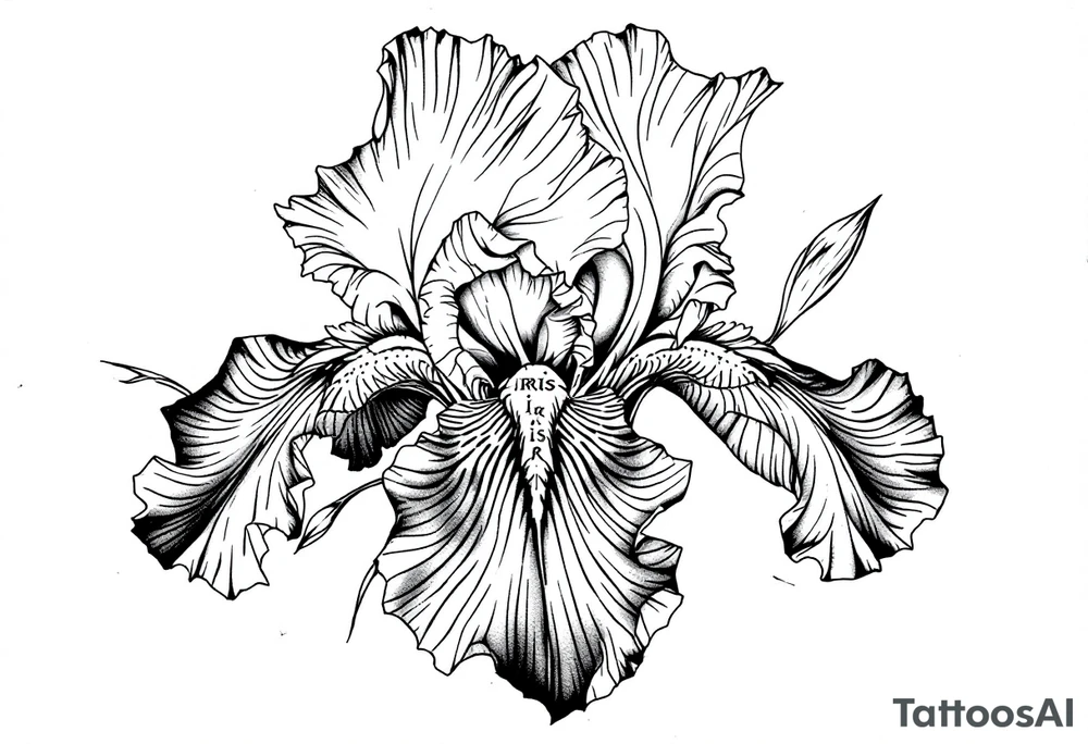 big iris flower with the name “IRIS” written in the stem of the flower tattoo idea