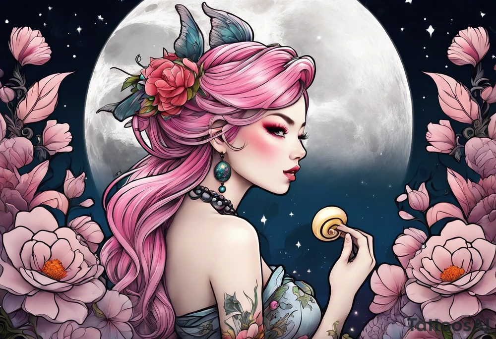 fairy with pink hair, eating a mushroom under the moon, tripping balls tattoo idea