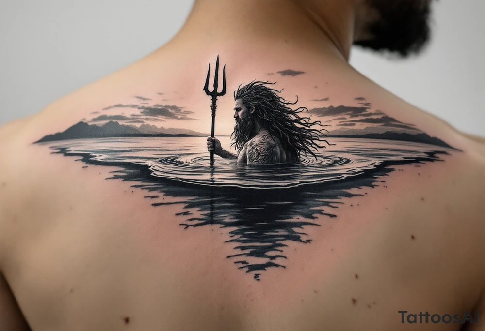 Poseidon half way under calm water with trident at sunset tattoo idea