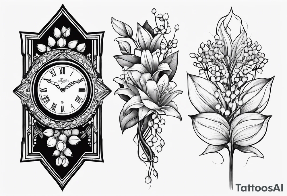 2 Clocks, banyan tree, lily of the valley, protector, strong, shoulder tattoo idea