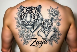 Beautiful, strong and fierce adult female tiger and her cub surrounded by roses and flowers with my daughters name “Zaya” tattoo idea