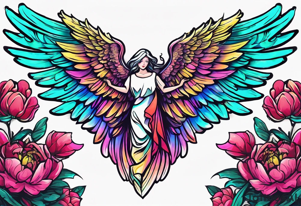 beautiful colorful neon angel wings, surrounded by beautiful peonies, new school style, streetwear, urban wear, white background tattoo idea