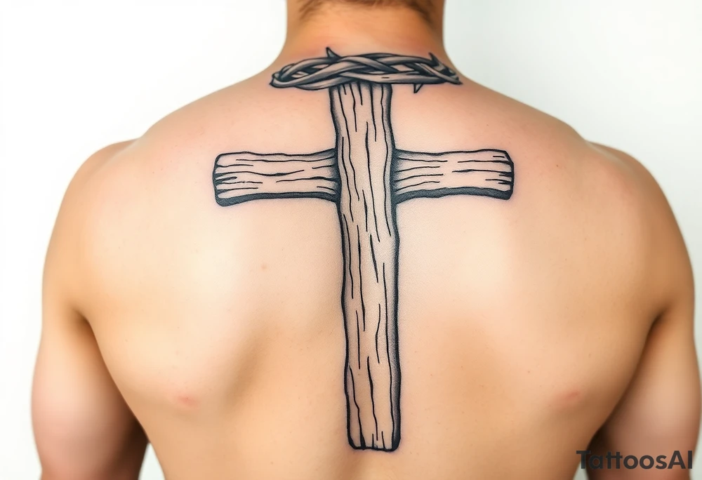 Wooden cross with a crown of thorns tattoo idea