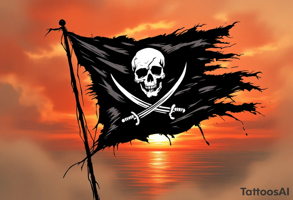 The Black Flag – A tattered black pirate flag with a white skull and crossed swords, flapping against a deep orange and red sunset. Torn edges and drips of crimson blood give it a battle-worn appearance. tattoo idea