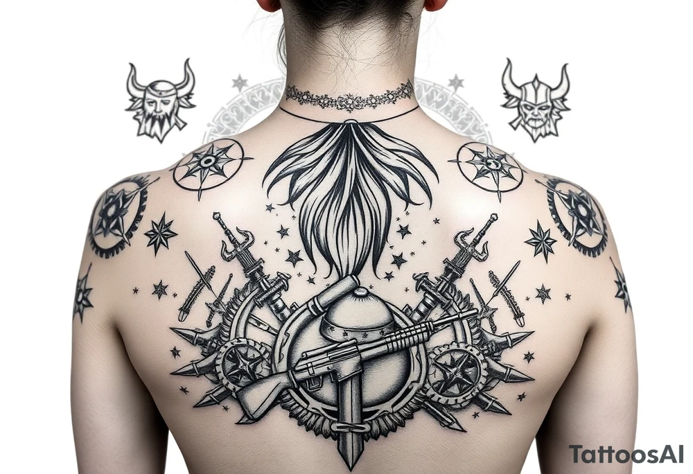 A Viking in the battlefield surrounded by Viking symbols and patterns. Hidden in the patterns is an Australian army rifle and slouch hat. tattoo idea