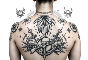 A Viking in the battlefield surrounded by Viking symbols and patterns. Hidden in the patterns is an Australian army rifle and slouch hat. tattoo idea