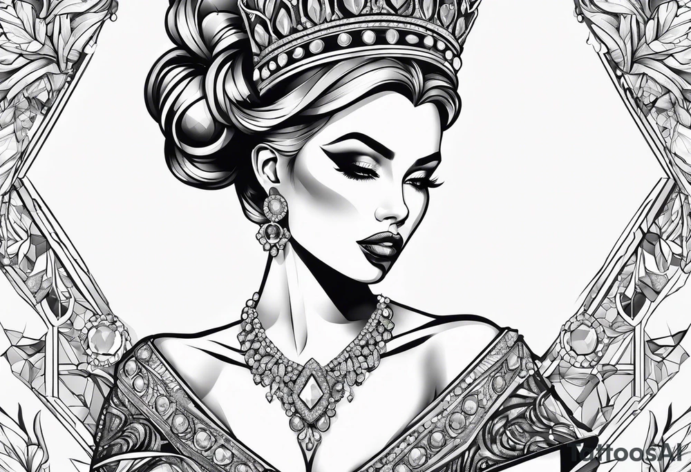 Fancy queen eating diamonds and gemstones tattoo idea