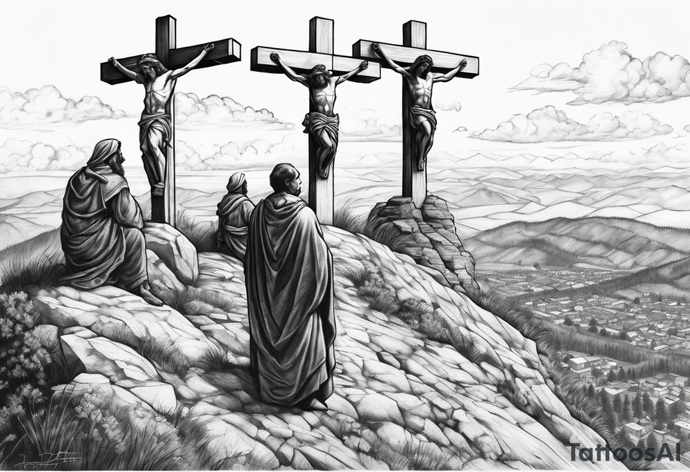 3 people crucified on a hill facing west tattoo idea