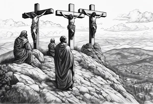 3 people crucified on a hill facing west tattoo idea
