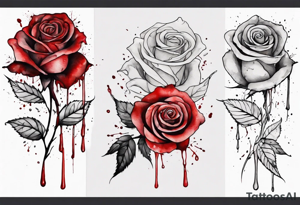 rose flower, one line, red blood dripping from the flower, tall, watercolor tattoo idea
