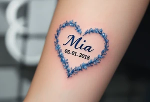 Mia 05. 01. 2018 – A heart-shaped arrangement of frosty blue and silver, with Mia's birthdate in a classic calligraphy font. tattoo idea