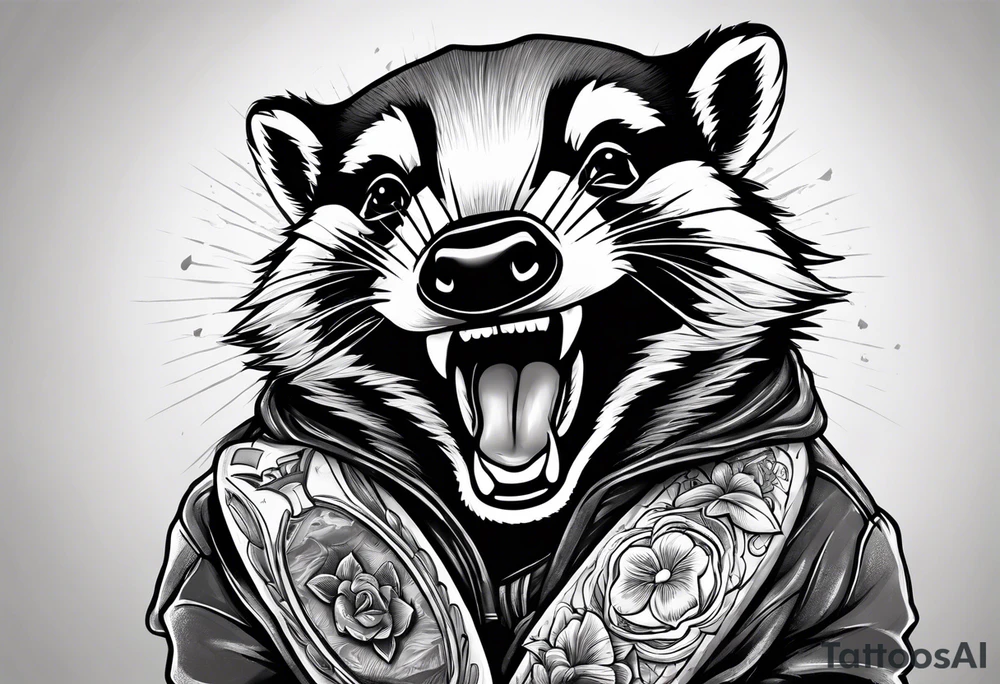 Angry badger with mouth open holding Doritos tattoo idea