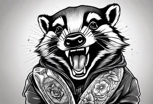 Angry badger with mouth open holding Doritos tattoo idea