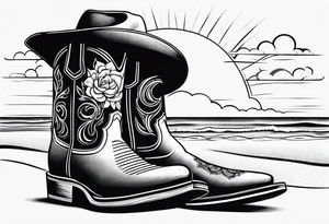 A pair of flip flops, a pair of mens boots, and a cowboyhat on the Beach. Keep it simple tattoo idea