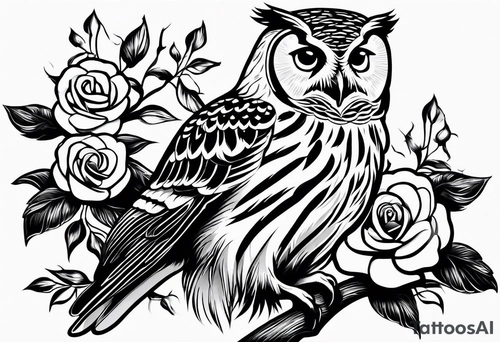 Barred owl with a single rose tattoo idea
