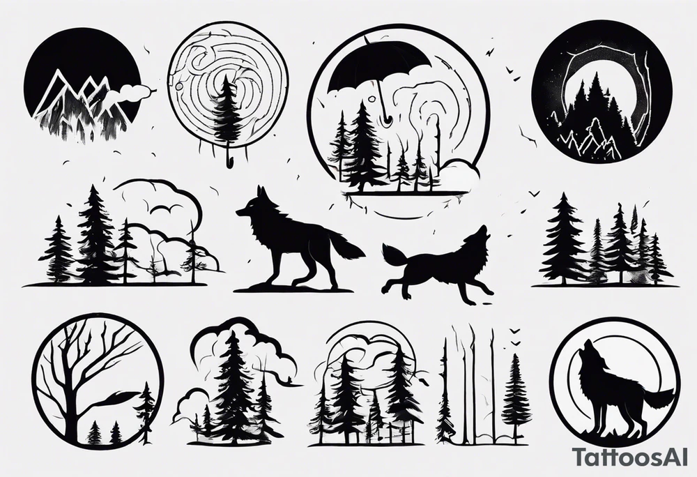 thunderstorm over a forest with a wolf howling on drums tattoo idea thunderstorm over a forest with a wolf howling on drums tattoo idea