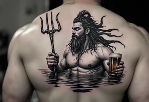 young, fit poseidon in calm water, holding a trident, holding a beer, with one eye closed tattoo idea