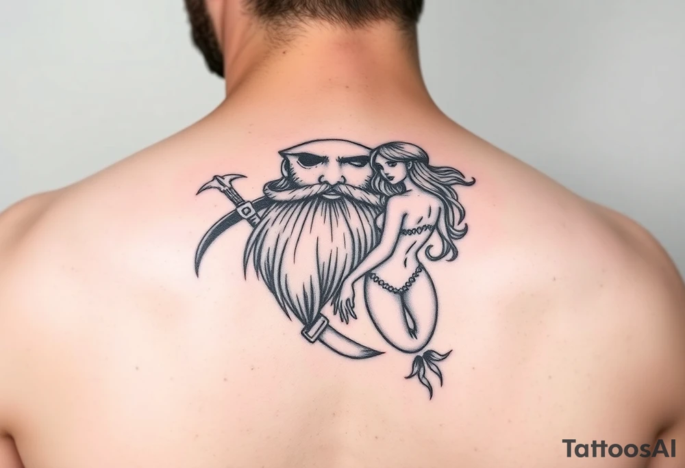 minimalist bearded pirate and mermaid tattoo idea