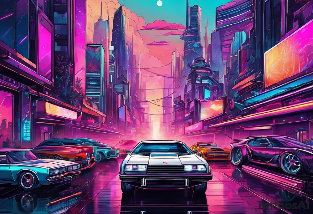 Synthwave cityscape with future cars tattoo idea