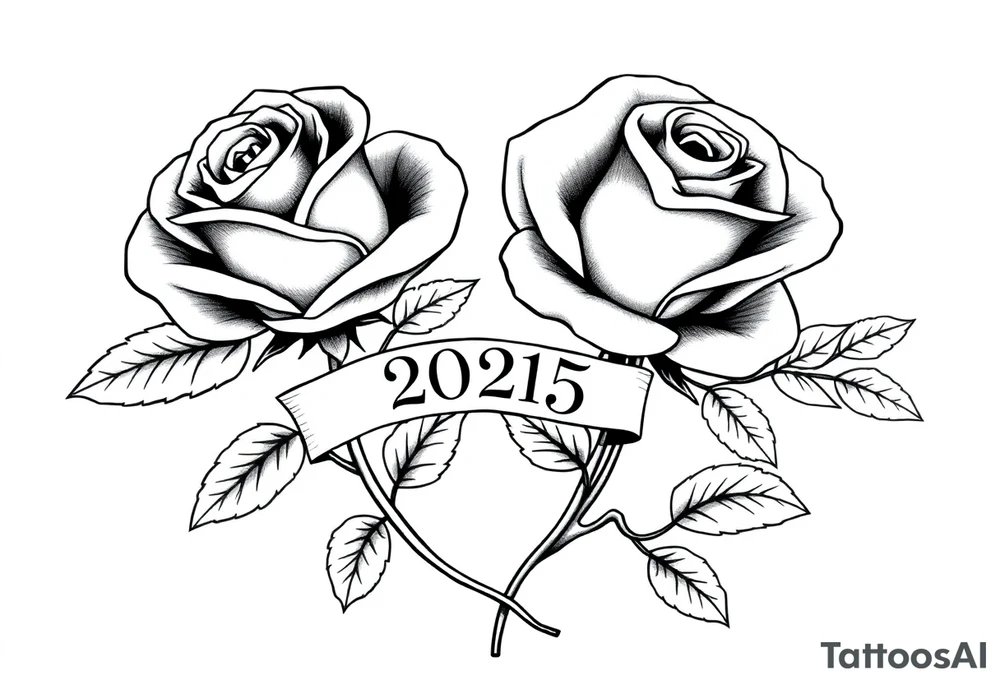 two beautiful large rose buds, one larger than the other, with many leaves next to the rose buds, with one sitting higher than the other. Include a banner connecting the two roses with "2025" on it.   Use dark outlines with little shading. The two stems should be short, not long, and connect and join into one stem, whimsically curved or twisted - not straight down. tattoo idea