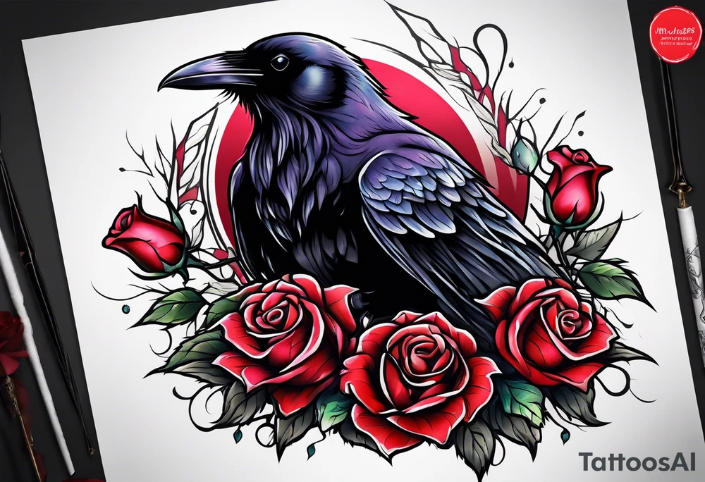 Raven facing forward with a rose underneath it tattoo idea