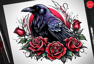 Raven facing forward with a rose underneath it tattoo idea