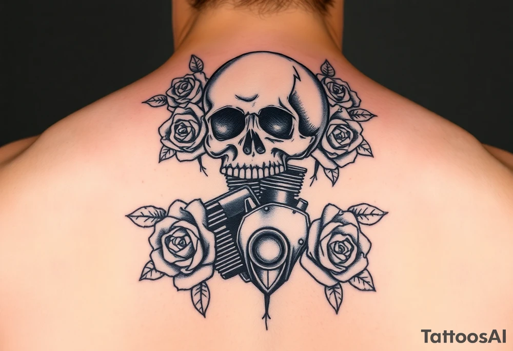 Skull and motorcycle engine with wilting roses tattoo idea