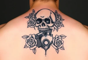 Skull and motorcycle engine with wilting roses tattoo idea