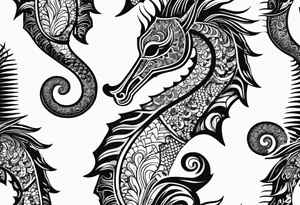 seahorse on white background, black and white, intricate Polynesian tattoo, for laser engraving tattoo idea