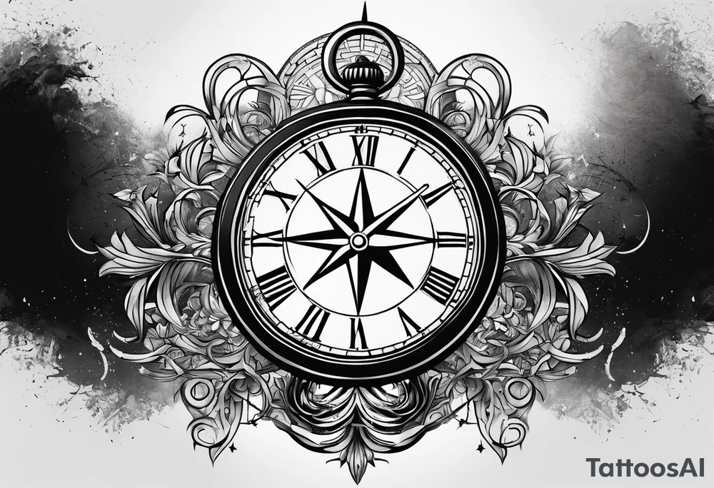 draw me a tattoo with an old clock and a compass rose. shadows of roman numerals are in the background. it is a tattoo located on the left shoulder of a man. it is black and white. tattoo idea