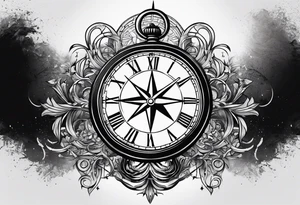 draw me a tattoo with an old clock and a compass rose. shadows of roman numerals are in the background. it is a tattoo located on the left shoulder of a man. it is black and white. tattoo idea