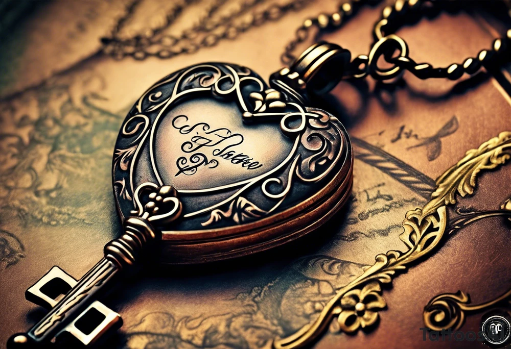 couple tattoos of an old antique key and locket set. locket on her. the key is on him. tattoo idea