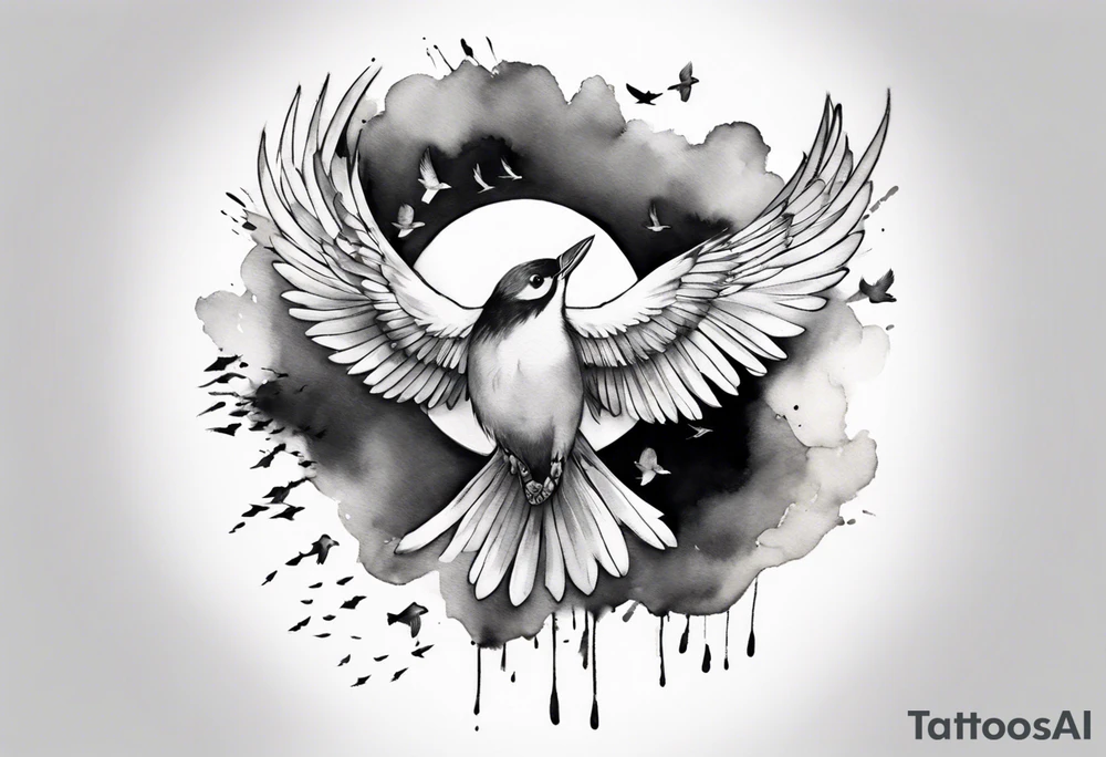 shoulder tattoo with light rays with birds flying free among the clouds, round shape, 3d effect tattoo idea