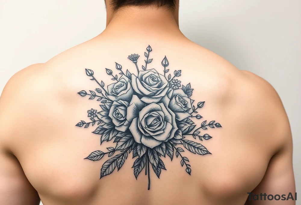 vintage bouquet of wild roses and meadow flowers with morning dew tattoo idea